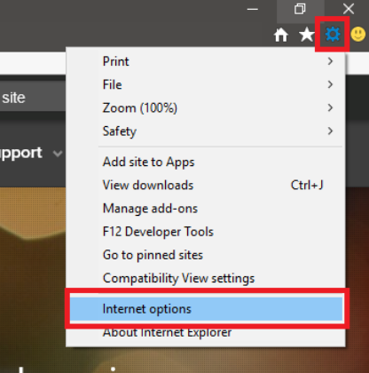 Internet option menu highlighted in Settings in Internet Explorer
