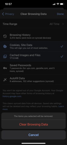 Clear Browsing Data popup at bottom of Google Chrome for iOS