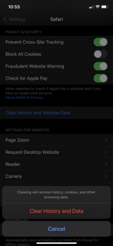 Clear History and Data popup on iOS