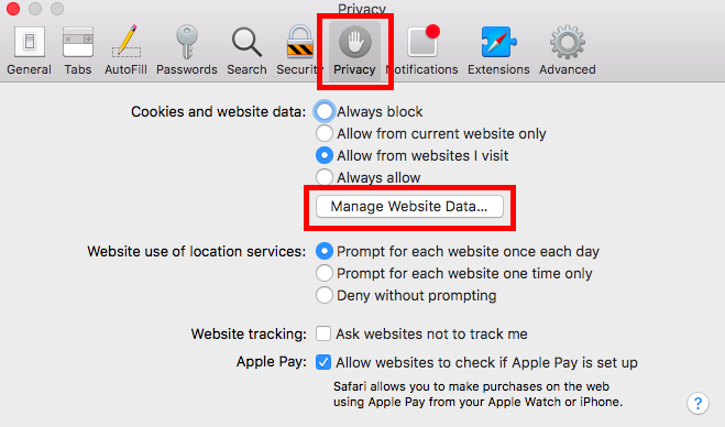 Manage Website Data... button highlited in Safari Privacy menu in macOS