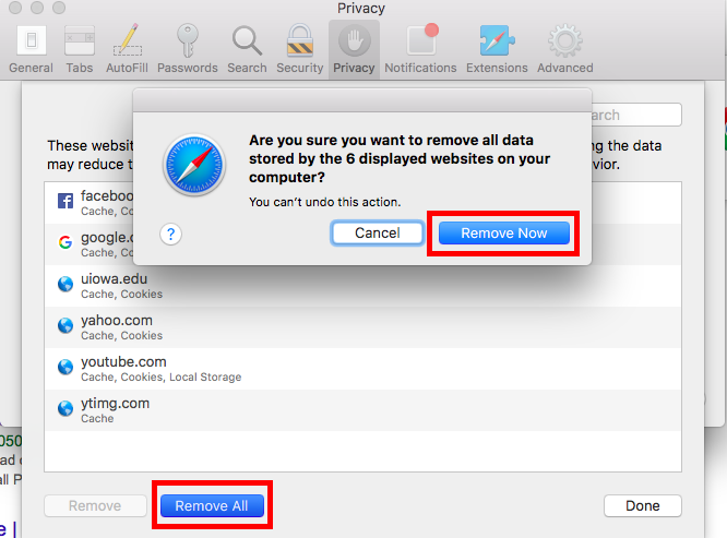 Prompt to Remove Now after selecting Remove All in Safari Privacy menu in macOS